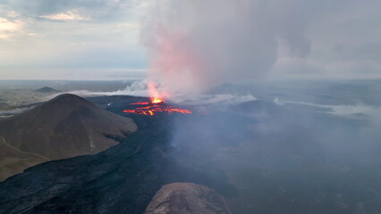 Drone footage of Litli-Hrutur Volcano Eruption. Iceland, Fagradalsfjall. - 682435012