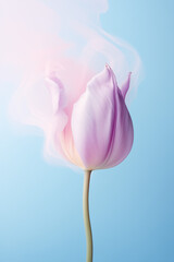 One pink tulip with smoke on a blue background.Pastel colors.Minimalistic concept.