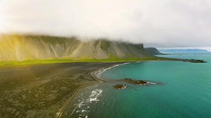 Aerial view of Vestrahorn mountains in Iceland, Stokksnes beach - 682435457