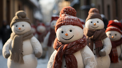 Figures of funny snowmen in funny hats and scarves. Christmas card, New Year atmosphere