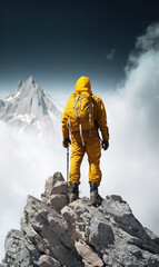 Setting up goals and aspirations concept with climber in yellow clothes looking at majestic mountain peak