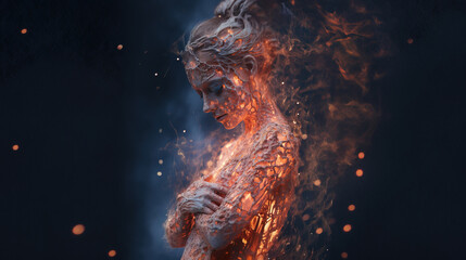 Surreal Fragility and Sensible soul, woman tenderness concept woman burning from inside - obrazy, fototapety, plakaty