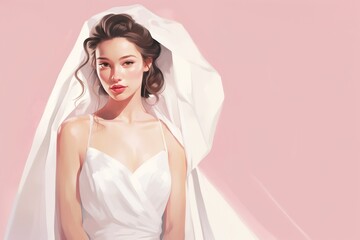 young, beautiful bride in a white dress and veil, on a minimalistic pink background, illustration can be used in the design of banners, postcards, catalogs, posters, printed products, websites.