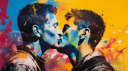 Gay couple kissing each other, depiction sprayed on a graffiti wall, lgbt, pride, street art