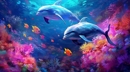 a painting of two dolphins swimming over a coral reef.Generative AI