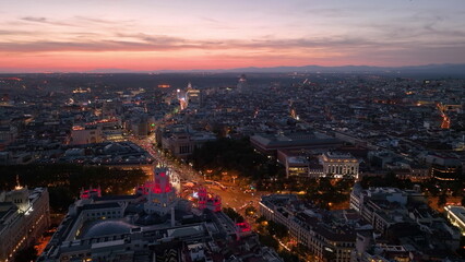 Aerial view of CentroCentro with red-lit tower in Madrid at night. - 682436067