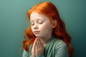 Red hair girl on knees holding hands and praying in the morning, pastel neutral background. Christianity, faith, spirituality, religion, salvation, peace, faith concept. Kid praying to God