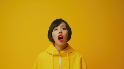 Young asian woman in yellow jacket with surprise expression on mouth isolated over yellow background.