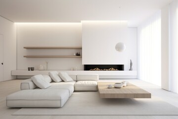 A pristine living room adorned with clean lines, neutral colors, and minimal furniture, embodying the essence of minimalist interior design.