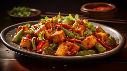 an image of a fiery plate of spicy Hunan tofu with mixed vegetables