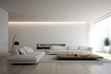 A pristine living room adorned with clean lines, neutral colors, and minimal furniture, embodying the essence of minimalist interior design.