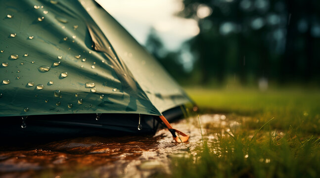 Raindrops patter gently on the roof of a tent pitched in a serene natural setting, enhancing the experience of outdoor adventure and camping amidst nature's beauty