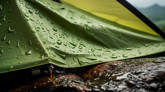 Raindrops patter gently on the roof of a tent pitched in a serene natural setting, enhancing the experience of outdoor adventure and camping amidst nature's beauty