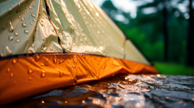 Raindrops patter gently on the roof of a tent pitched in a serene natural setting, enhancing the experience of outdoor adventure and camping amidst nature's beauty