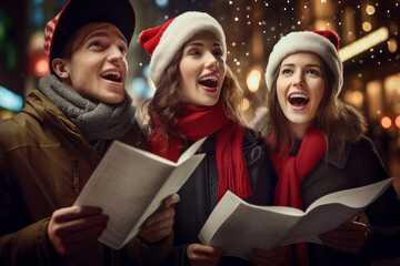 Three cheerful friends doing door-to-door carol singing on Christmas eve. Group of young people...