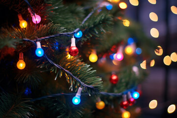 Obraz premium Colorful light bulbs garland on a Christmas tree. Beautiful Christmas and New Year glowing lamps.