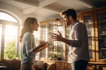 Young couple arguing at home. Man and woman yelling and shouting at each other. Family quarrel. - obrazy, fototapety, plakaty