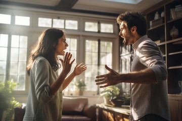 Young couple arguing at home. Man and woman yelling and shouting at each other. Family quarrel. - obrazy, fototapety, plakaty