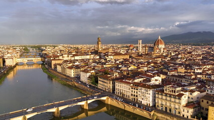 4k Aerial view of Florence, capital of Italy Tuscany region, Duomo Cathedral of Santa Maria del Fiore - 682438475