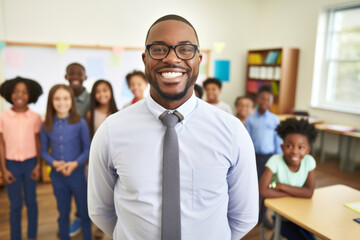 Handsome professional male teacher of nursery school or kindergarten looking at camera while standing against group of little learners. - obrazy, fototapety, plakaty