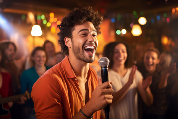 Cheerful musician performing in a pub. Performer singing to a microphone. People gathering in the background.
