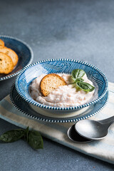 Taramosalata Greek spread Paste (pate) made of ground fish, shrimps, and caviar, served with lemon. Fish Egg Paste Tarama (white and rose), popular Israeli snack.