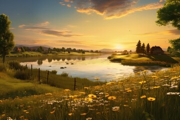 Peaceful countryside with lake
