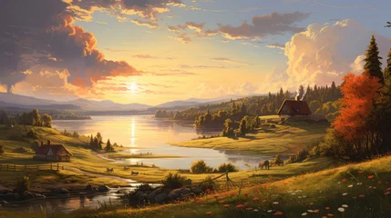 Foto op Canvas Peaceful countryside with lake © BrandwayArt