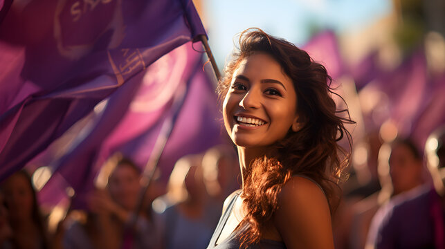 Protesta feminista por el dia de la mujer, latinas en marcha al aire libro banderas en color morado