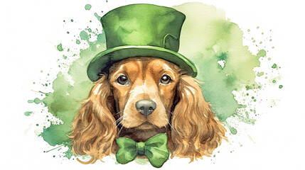 a red Cocker Spaniel dons a green hat