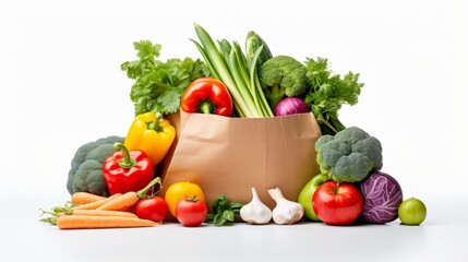 A paper bag overflowing with colorful fruits and vegetables on a white background