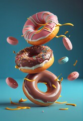 Flying colorful donuts. Food levitation creative concept. 