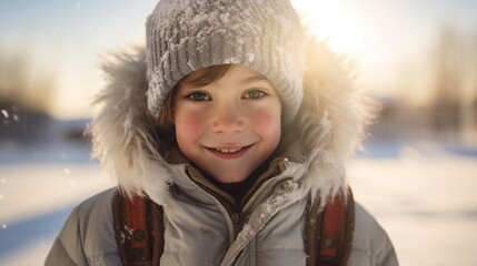 In a sunlit snowy field, a child bundled up in winter gear, playing with snow on a bright winter day 