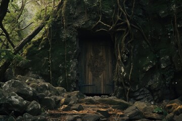 An image of a solitary door positioned in the midst of a rocky landscape. This picture can be utilized to symbolize mystery and new beginnings.