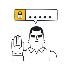 Security guy who asks for a password. Password protection, strong password, digital identification. Outline, linear, thin line, doodle art. Simple style with editable stroke.