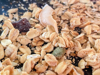 Mixed dried berry fruits, grains, nuts and seeds. Concept for healthy food, fat loss, weight loss, diet menu, vegetarian vegan, whole organic food, dietary fiber.