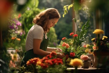 A woman is seen working in a flower shop. This image can be used to showcase the daily activities and work environment in a flower shop