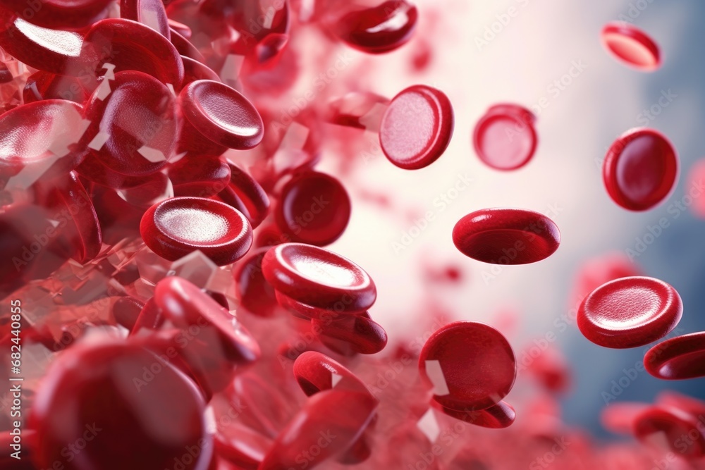 Poster a dynamic image capturing a bunch of red blood cells flying through the air. this image can be used 