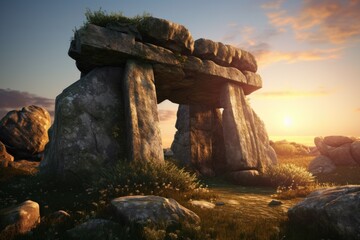 A large stone structure is seen sitting on top of a vibrant and lush green field. 