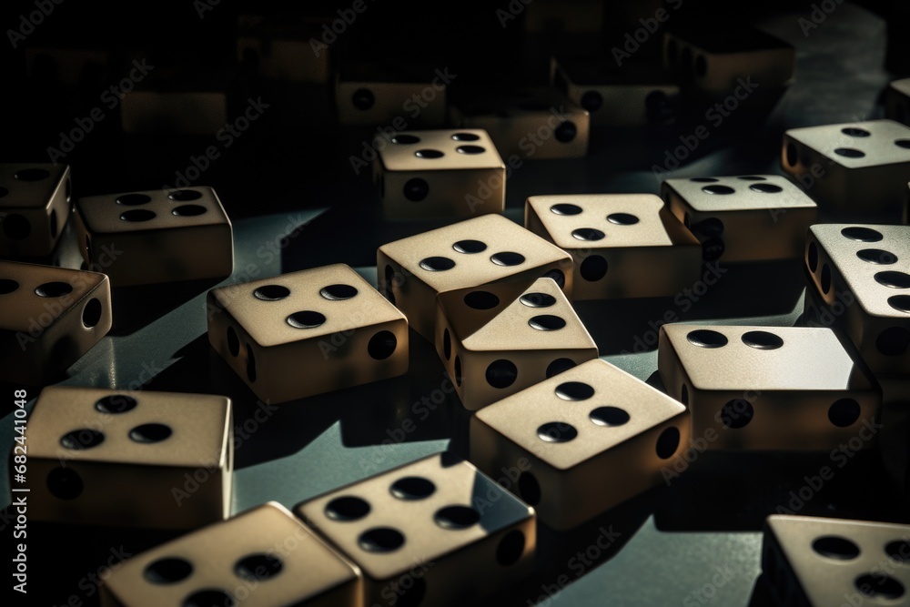 Poster a bunch of dice sitting on top of a table. versatile image suitable for various themes and concepts.
