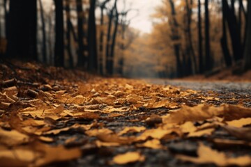 A serene image of a road covered in fallen leaves, winding through a dense forest. This picture can be used to depict nature, autumn, hiking, or tranquility.