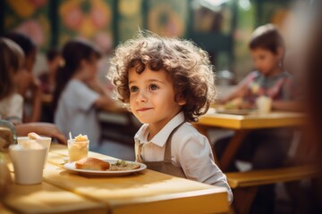 A little boy is sitting at a table, with a plate of food in front of him. This image can be used to...