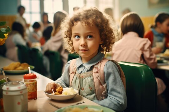 A young girl is seen sitting at a table with a plate of food. This image can be used to depict a child enjoying a meal or for illustrating concepts related to nutrition and childhood.