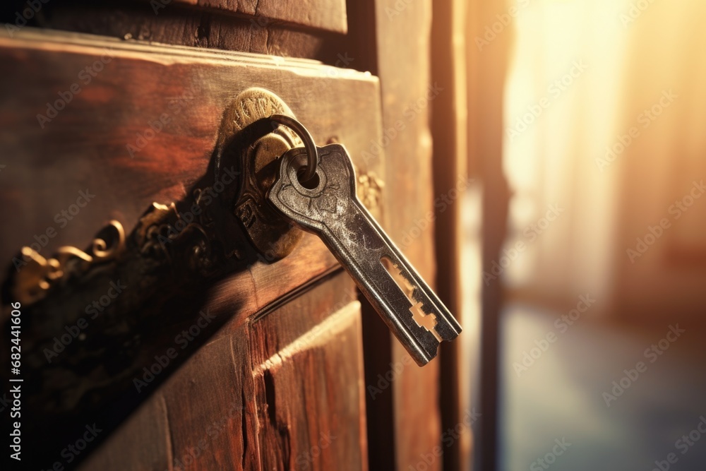 Aufkleber a close-up view of a key on a door handle. this image can be used to represent security, access, or 