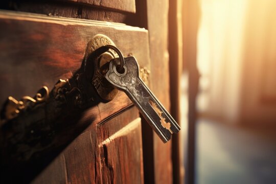 A close-up view of a key on a door handle. This image can be used to represent security, access, or home ownership.