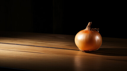 Lifestyle product shot of a whole golden onion on a wooden table. Play light and shadow