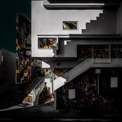 Outdoor photograph of white modernist Los Angeles apartment building with colorful abstract murals, quadratura