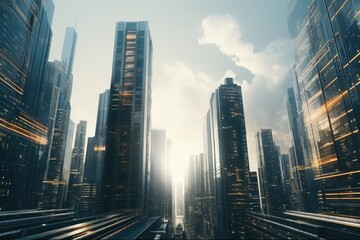 A cityscape featuring a cluster of towering buildings. 