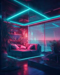 Vaporwave color illustration of darkened 1980s bedroom with neon lighting and a wide picture window showing a seascape. From the series “Cosmic Living.”