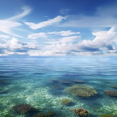 Fototapeta na wymiar High angle photograph of idyllic seascape with clear water showing a coral reef and marine plants, under bright blue sky. From the series “Tropicana.”